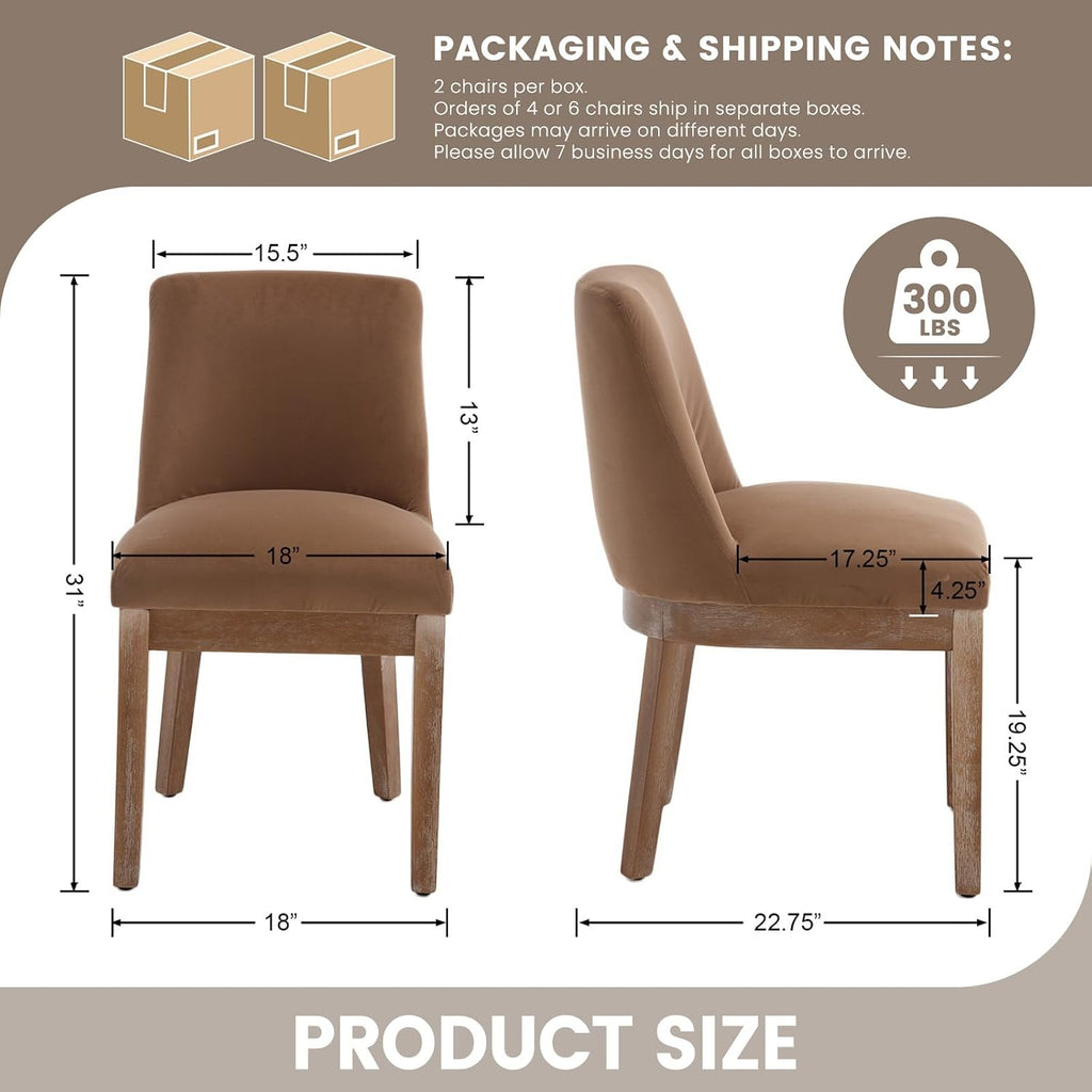 Modern Dining Chairs Set of 6 Comfortable Dining Room Chairs with Back, Velvet Fabric Upholstered Kitchen Side Chairs with Wood Legs for Living Room, Khaki