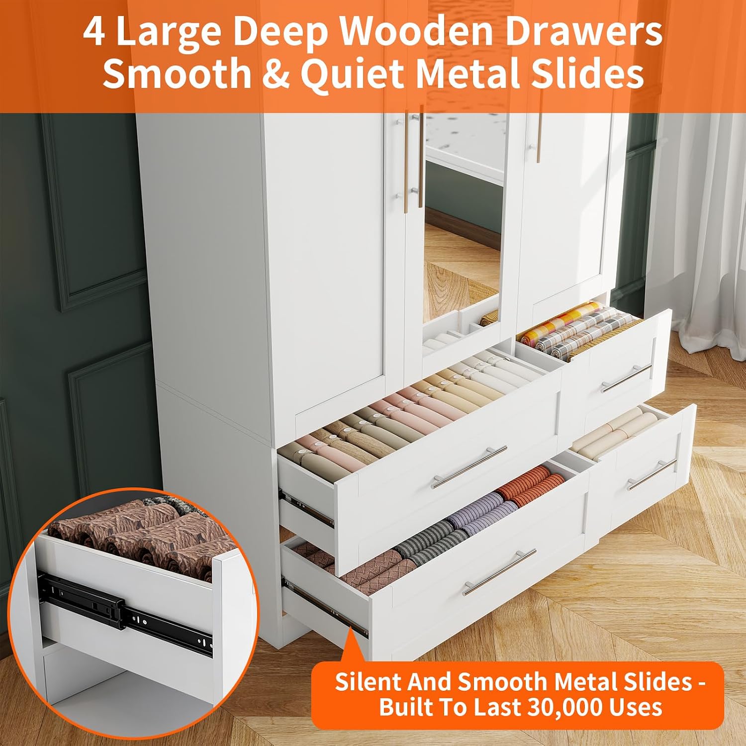 Armoire Wardrobe Closet with 3 Doors and 4 Drawers, 71" Tall Bedroom Armoires with Mirror, 20.4" Deep Large White Wardrobe Cabinet, Wooden Closet with Hanging Rod and 3 Adjustable Shelves