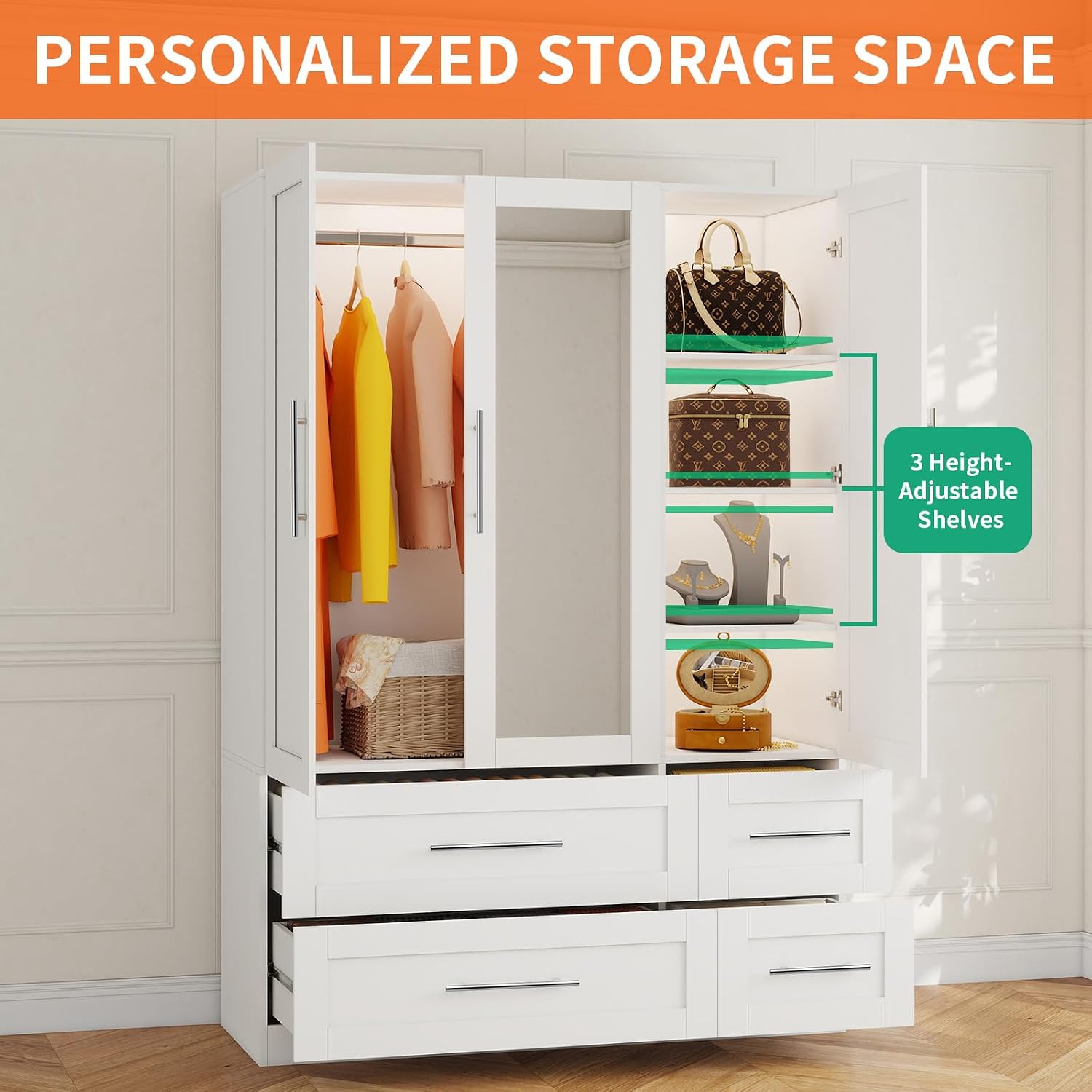 Armoire Wardrobe Closet with 3 Doors and 4 Drawers, 71" Tall Bedroom Armoires with Mirror, 20.4" Deep Large White Wardrobe Cabinet, Wooden Closet with Hanging Rod and 3 Adjustable Shelves