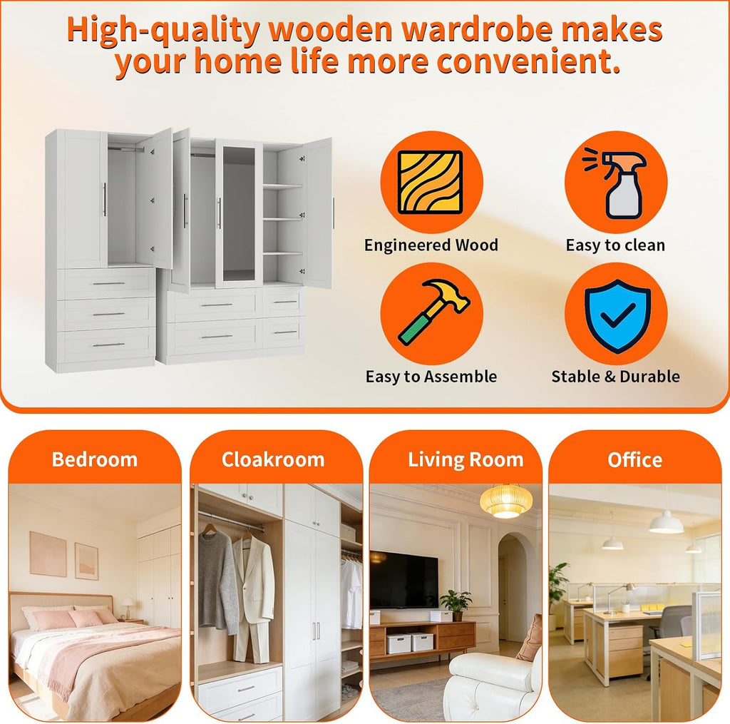 Armoire Wardrobe Closet with 7 Large Deep Drawers and Mirror, 71" Tall Bedroom Armoires with 5 Doors, White Wood Wardrobe Cabinet with 3 Adjustable Shelves, Bedroom Storage Wardrobe Closet