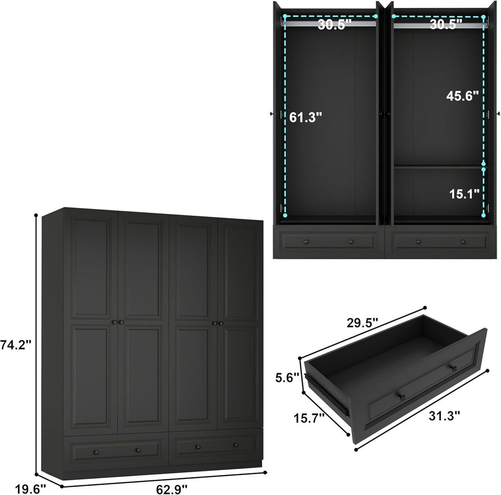 Armoire Wardrobe Closet with Drawers: 74" Black Wardrobe Closet with 4 Doors, Bedroom Armoires with 2 Drawers, Wood Closets Cabinet for Hanging Clothes (Black, 63")