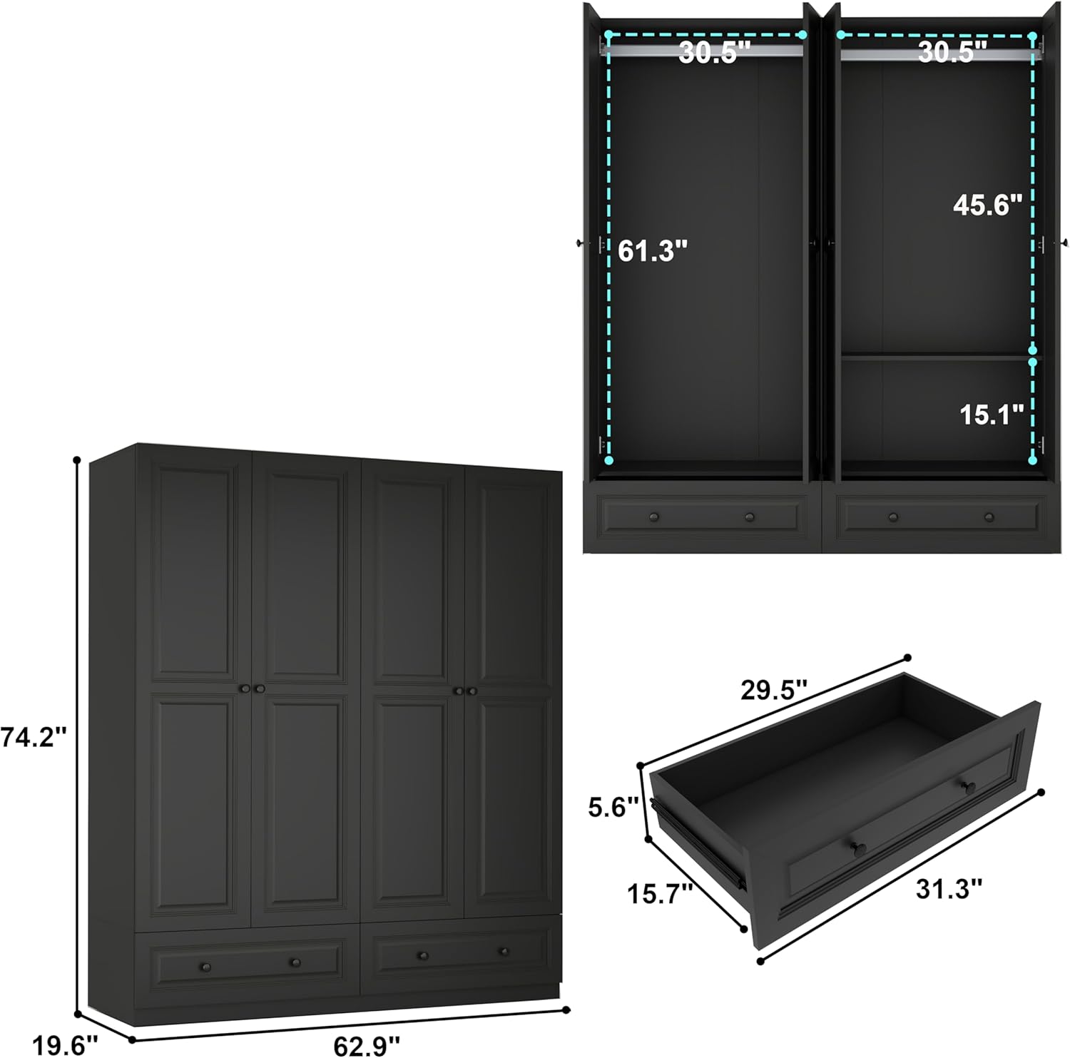 Armoire Wardrobe Closet with Drawers: 74" Black Wardrobe Closet with 4 Doors, Bedroom Armoires with 2 Drawers, Wood Closets Cabinet for Hanging Clothes (Black, 63")