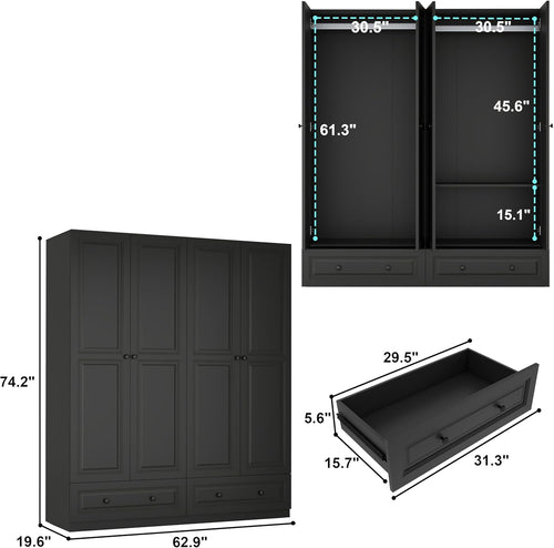 Armoire Wardrobe Closet with Drawers: 74" Black Wardrobe Closet with 4 Doors, Bedroom Armoires with 2 Drawers, Wood Closets Cabinet for Hanging Clothes (Black, 63")