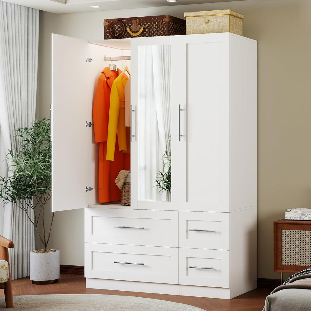 Armoire Wardrobe Closet with 3 Doors and 4 Drawers, 71" Tall Bedroom Armoires with Mirror, 20.4" Deep Large White Wardrobe Cabinet, Wooden Closet with Hanging Rod and 3 Adjustable Shelves
