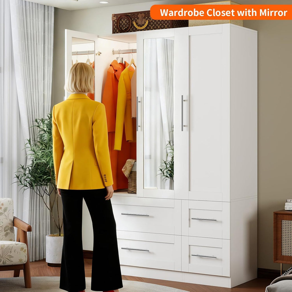 Armoire Wardrobe Closet with 3 Doors and 4 Drawers, 71" Tall Bedroom Armoires with Mirror, 20.4" Deep Large White Wardrobe Cabinet, Wooden Closet with Hanging Rod and 3 Adjustable Shelves