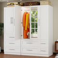 Armoire Wardrobe Closet with 7 Large Deep Drawers and Mirror, 71" Tall Bedroom Armoires with 5 Doors, White Wood Wardrobe Cabinet with 3 Adjustable Shelves, Bedroom Storage Wardrobe Closet