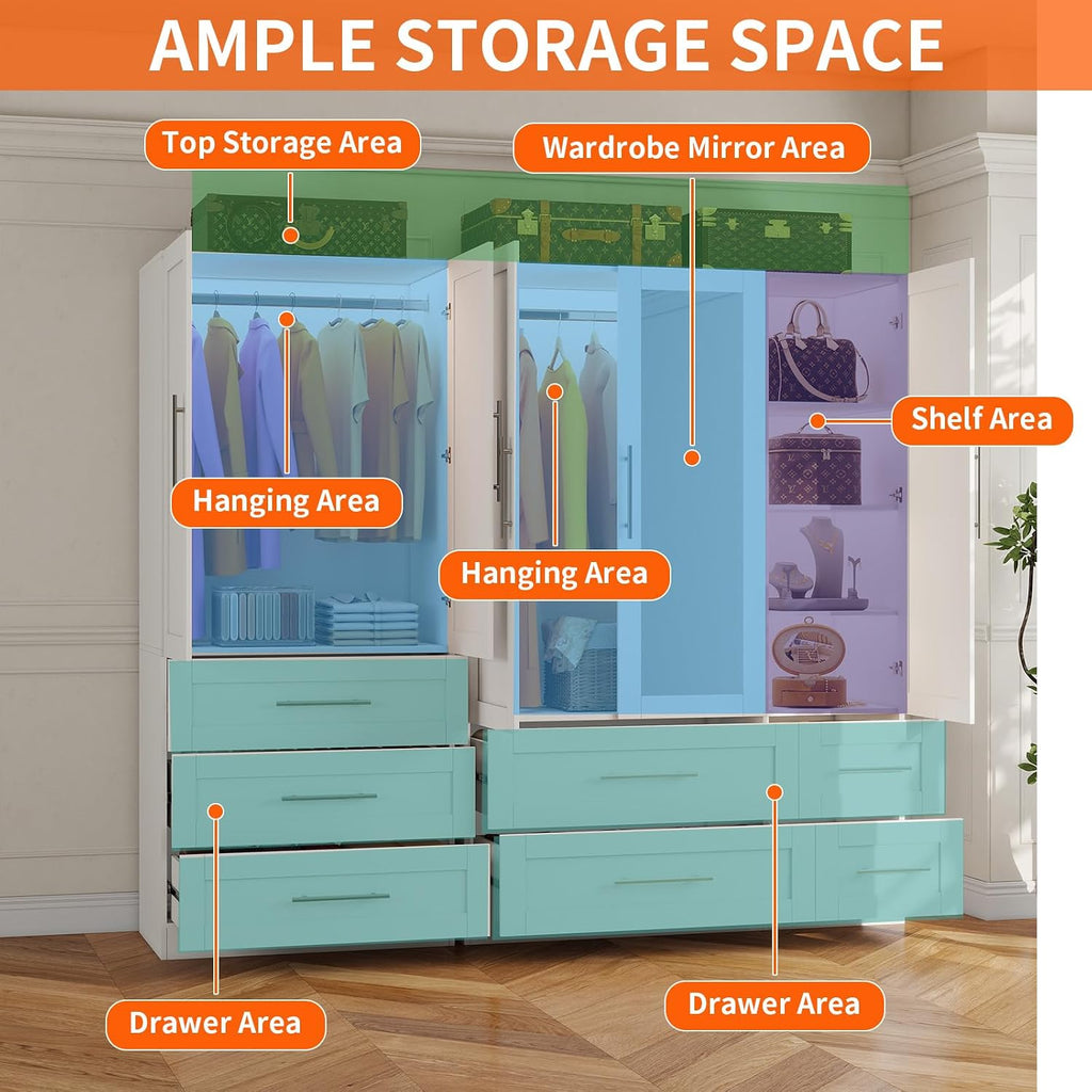 Armoire Wardrobe Closet with 7 Large Deep Drawers and Mirror, 71" Tall Bedroom Armoires with 5 Doors, White Wood Wardrobe Cabinet with 3 Adjustable Shelves, Bedroom Storage Wardrobe Closet
