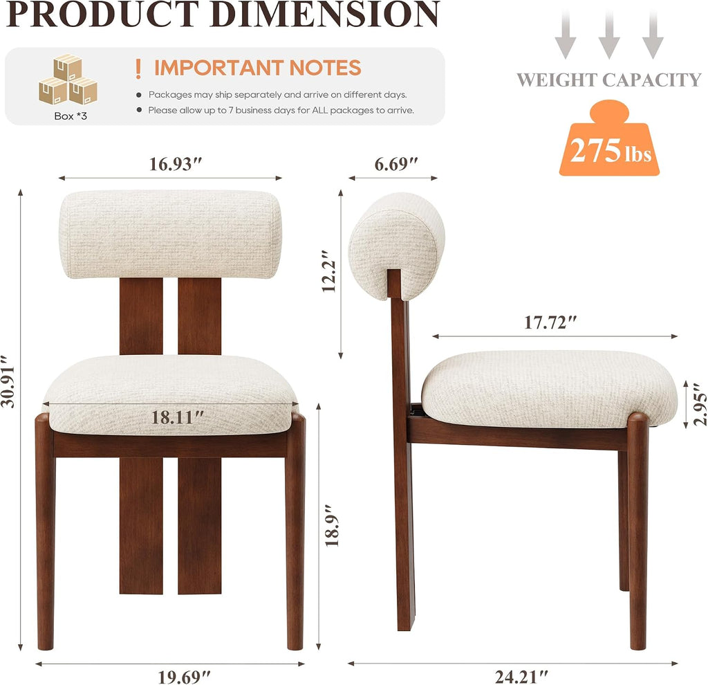 Modern Wooden Dining Chairs Set of 6, Upholstered Fabric Kitchen Chairs with Sculptural Backrest, Mid-Century Farmhouse Dining Room Chairs with Solid Wood Legs, Beige