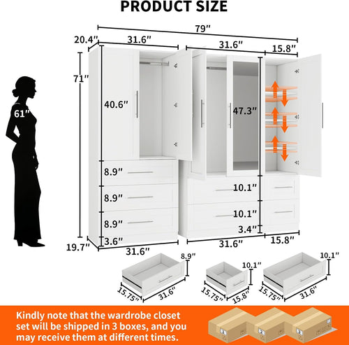 Armoire Wardrobe Closet with 7 Large Deep Drawers and Mirror, 71" Tall Bedroom Armoires with 5 Doors, White Wood Wardrobe Cabinet with 3 Adjustable Shelves, Bedroom Storage Wardrobe Closet