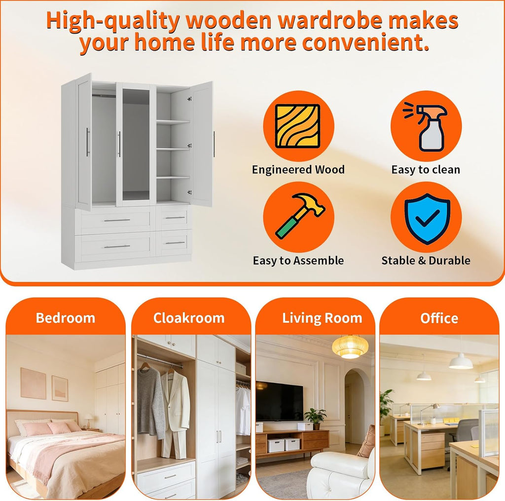 Armoire Wardrobe Closet with 3 Doors and 4 Drawers, 71" Tall Bedroom Armoires with Mirror, 20.4" Deep Large White Wardrobe Cabinet, Wooden Closet with Hanging Rod and 3 Adjustable Shelves