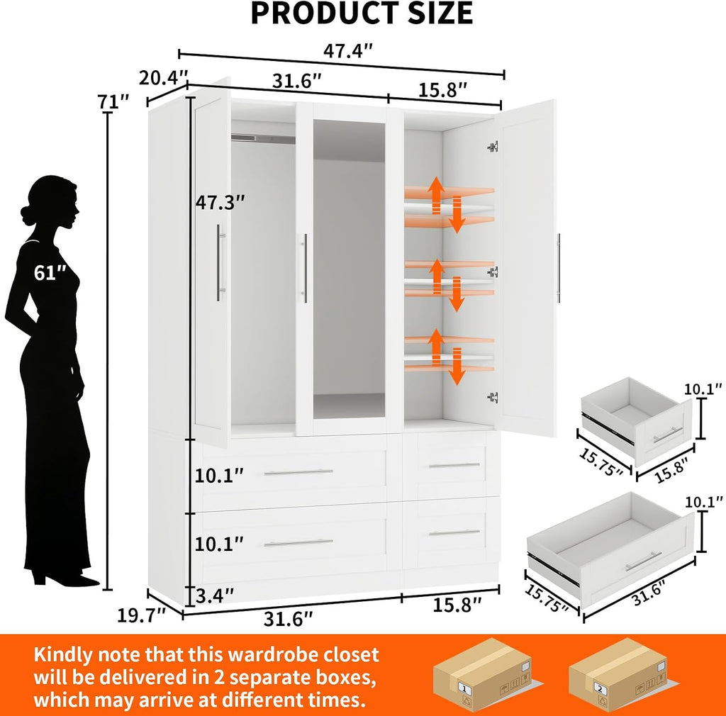 Armoire Wardrobe Closet with 3 Doors and 4 Drawers, 71" Tall Bedroom Armoires with Mirror, 20.4" Deep Large White Wardrobe Cabinet, Wooden Closet with Hanging Rod and 3 Adjustable Shelves