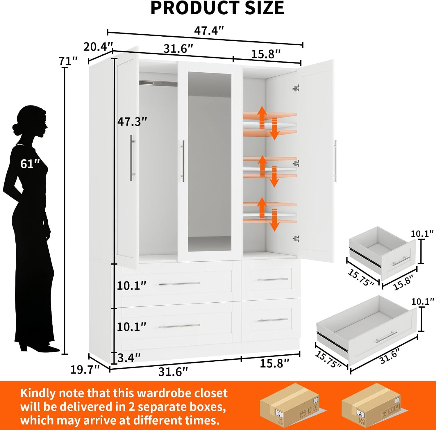 Armoire Wardrobe Closet with 3 Doors and 4 Drawers, 71" Tall Bedroom Armoires with Mirror, 20.4" Deep Large White Wardrobe Cabinet, Wooden Closet with Hanging Rod and 3 Adjustable Shelves