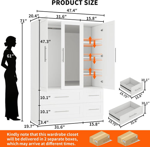 Armoire Wardrobe Closet with 3 Doors and 4 Drawers, 71" Tall Bedroom Armoires with Mirror, 20.4" Deep Large White Wardrobe Cabinet, Wooden Closet with Hanging Rod and 3 Adjustable Shelves