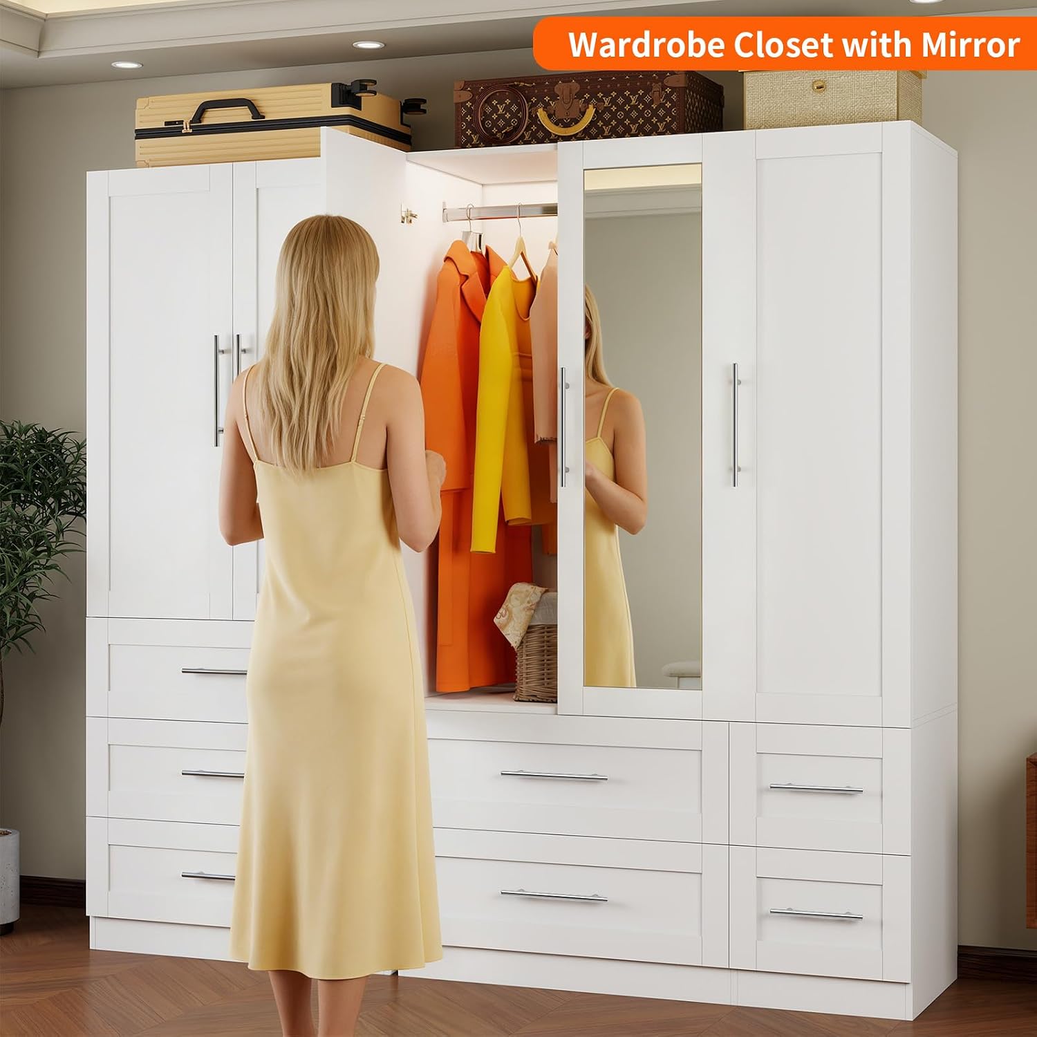 Armoire Wardrobe Closet with 7 Large Deep Drawers and Mirror, 71" Tall Bedroom Armoires with 5 Doors, White Wood Wardrobe Cabinet with 3 Adjustable Shelves, Bedroom Storage Wardrobe Closet