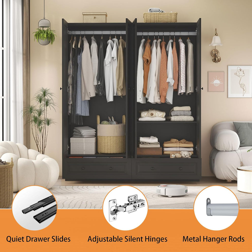 Armoire Wardrobe Closet with Drawers: 74" Black Wardrobe Closet with 4 Doors, Bedroom Armoires with 2 Drawers, Wood Closets Cabinet for Hanging Clothes (Black, 63")