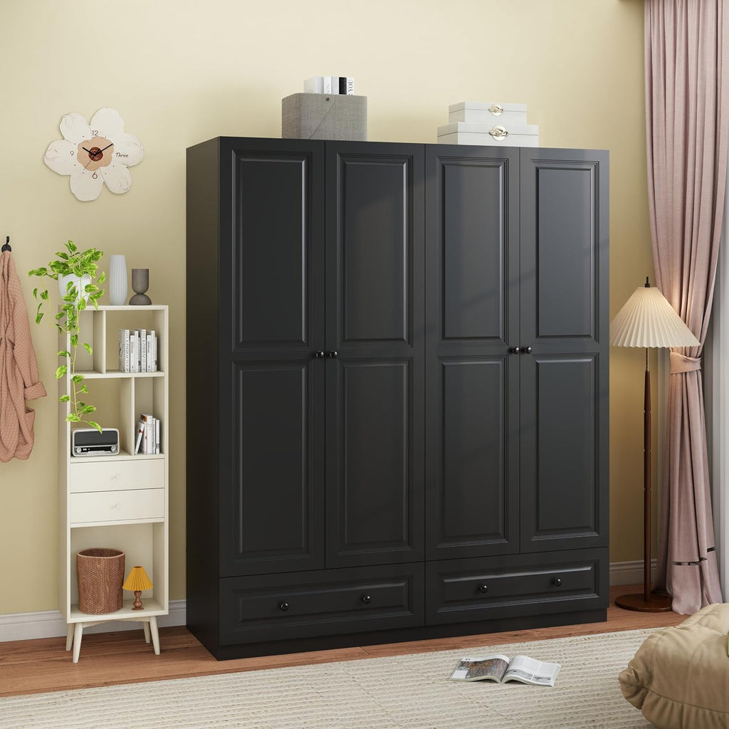 Armoire Wardrobe Closet with Drawers: 74" Black Wardrobe Closet with 4 Doors, Bedroom Armoires with 2 Drawers, Wood Closets Cabinet for Hanging Clothes (Black, 63")