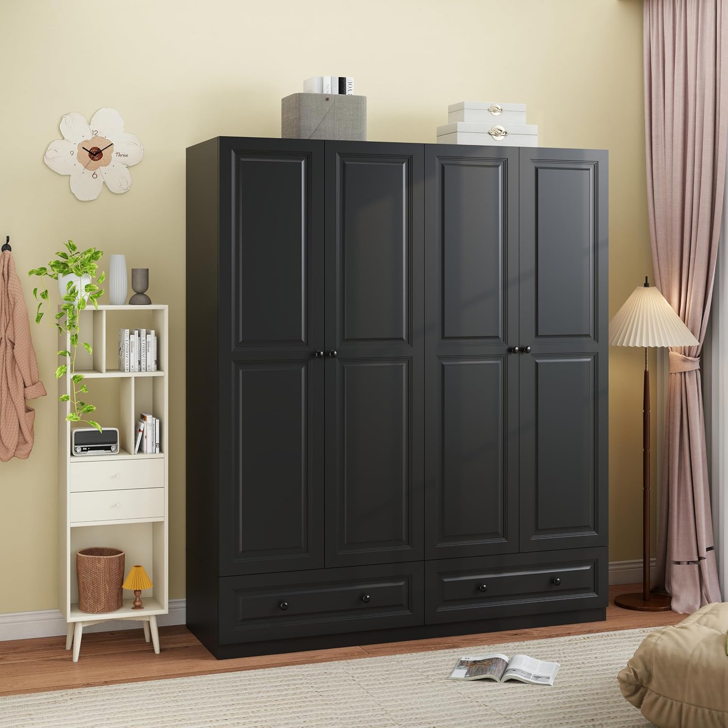 Armoire Wardrobe Closet with Drawers: 74" Black Wardrobe Closet with 4 Doors, Bedroom Armoires with 2 Drawers, Wood Closets Cabinet for Hanging Clothes (Black, 63")