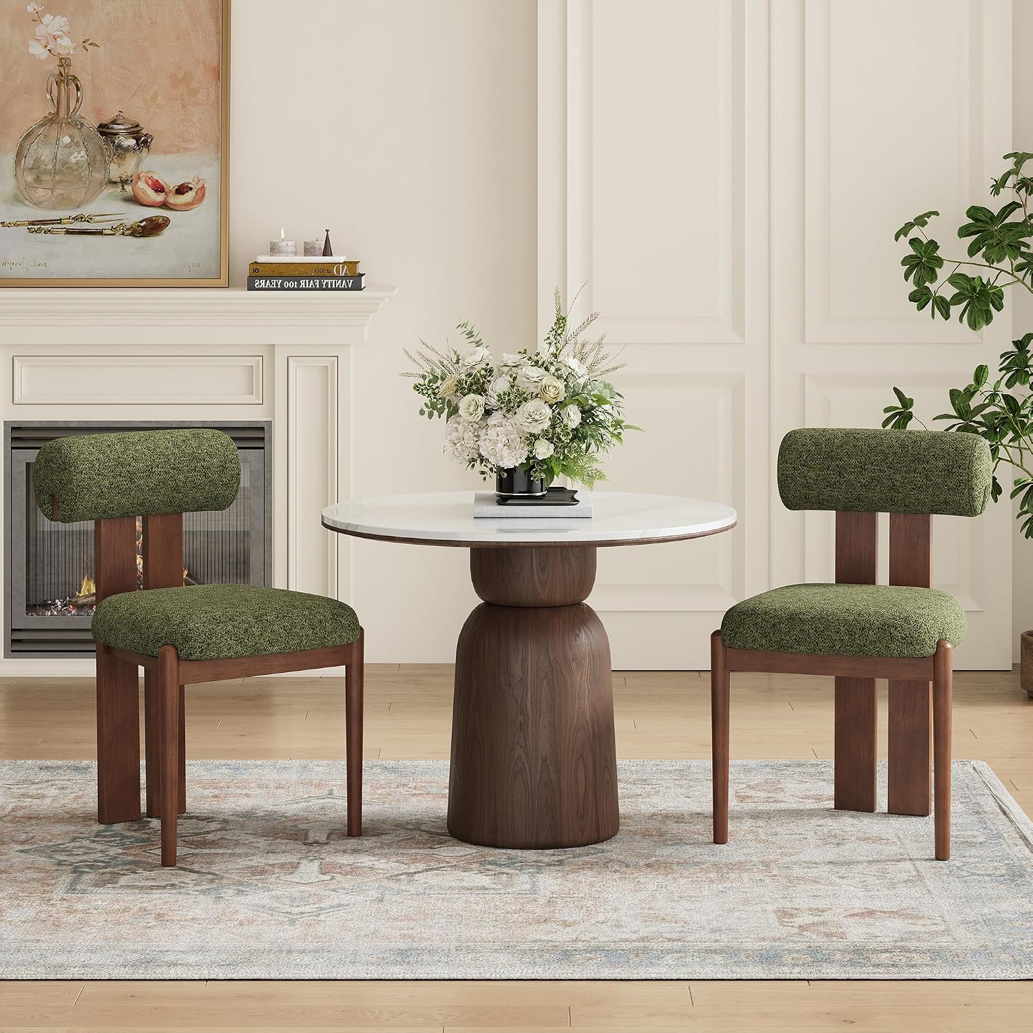 Modern Wooden Dining Chairs Set of 6, Upholstered Fabric Kitchen Chairs with Sculptural Backrest, Mid-Century Farmhouse Dining Room Chairs with Solid Wood Legs, Green