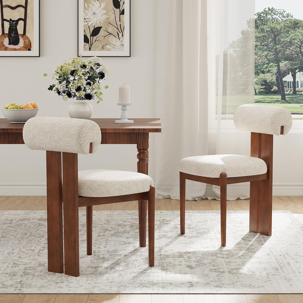 Modern Wooden Dining Chairs Set of 6, Upholstered Fabric Kitchen Chairs with Sculptural Backrest, Mid-Century Farmhouse Dining Room Chairs with Solid Wood Legs, Beige