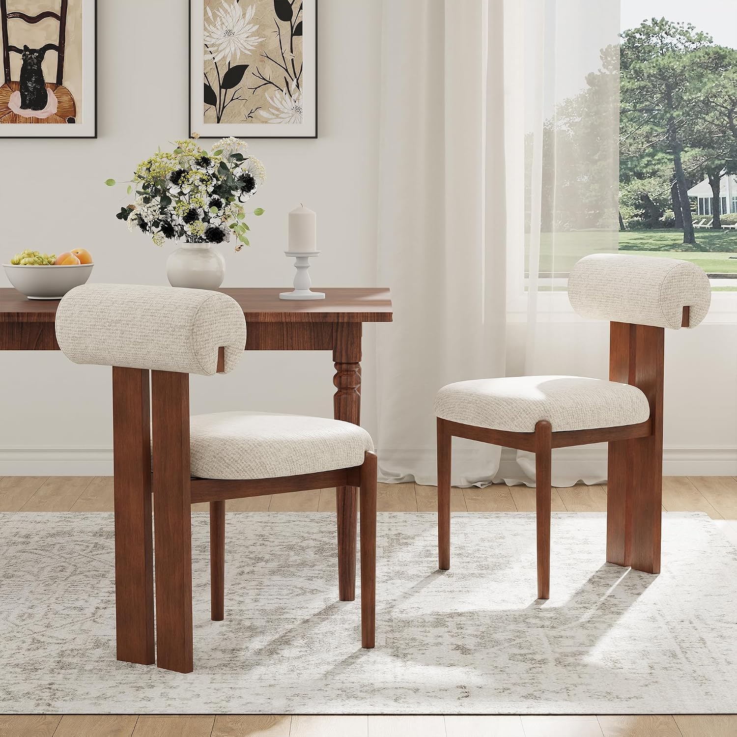 Modern Wooden Dining Chairs Set of 6, Upholstered Fabric Kitchen Chairs with Sculptural Backrest, Mid-Century Farmhouse Dining Room Chairs with Solid Wood Legs, Beige