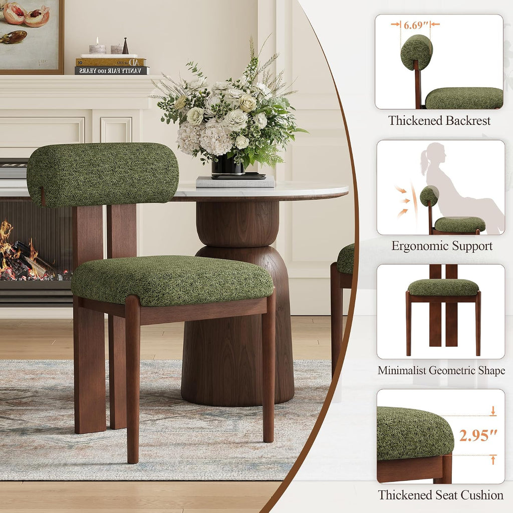 Modern Wooden Dining Chairs Set of 6, Upholstered Fabric Kitchen Chairs with Sculptural Backrest, Mid-Century Farmhouse Dining Room Chairs with Solid Wood Legs, Green