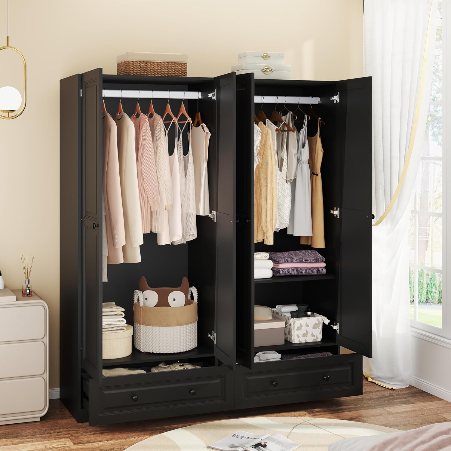 Armoire Wardrobe Closet with Drawers: 74" Black Wardrobe Closet with 4 Doors, Bedroom Armoires with 2 Drawers, Wood Closets Cabinet for Hanging Clothes (Black, 63")