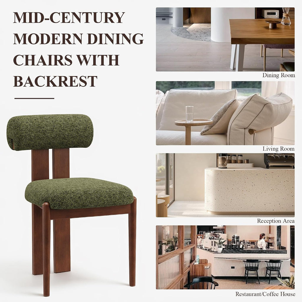 Modern Wooden Dining Chairs Set of 6, Upholstered Fabric Kitchen Chairs with Sculptural Backrest, Mid-Century Farmhouse Dining Room Chairs with Solid Wood Legs, Green