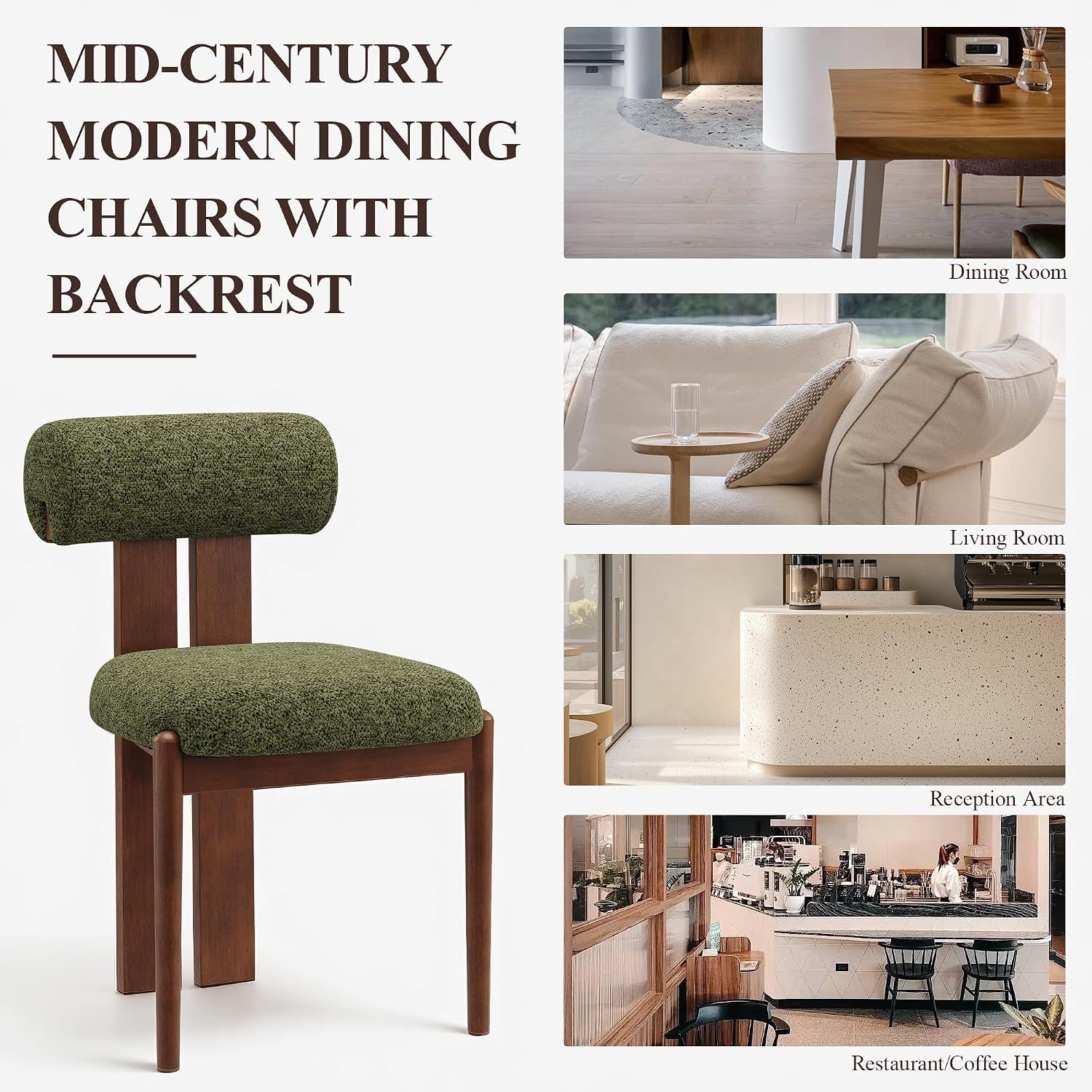 Modern Wooden Dining Chairs Set of 6, Upholstered Fabric Kitchen Chairs with Sculptural Backrest, Mid-Century Farmhouse Dining Room Chairs with Solid Wood Legs, Green