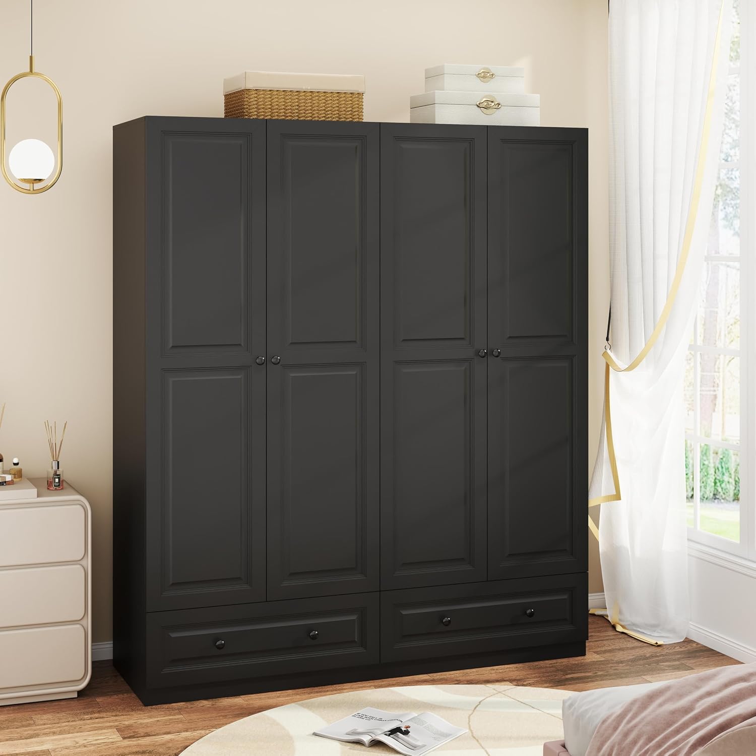 Armoire Wardrobe Closet with Drawers: 74" Black Wardrobe Closet with 4 Doors, Bedroom Armoires with 2 Drawers, Wood Closets Cabinet for Hanging Clothes (Black, 63")