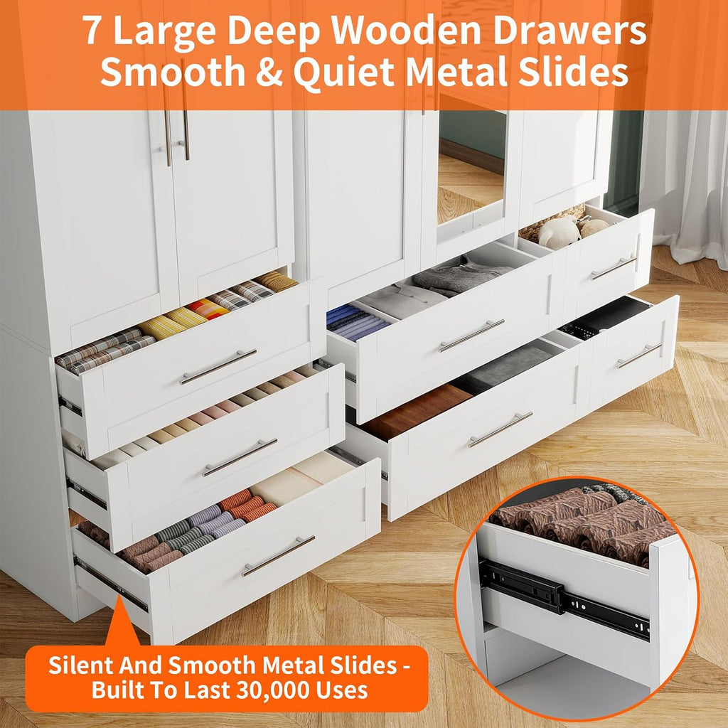 Armoire Wardrobe Closet with 7 Large Deep Drawers and Mirror, 71" Tall Bedroom Armoires with 5 Doors, White Wood Wardrobe Cabinet with 3 Adjustable Shelves, Bedroom Storage Wardrobe Closet