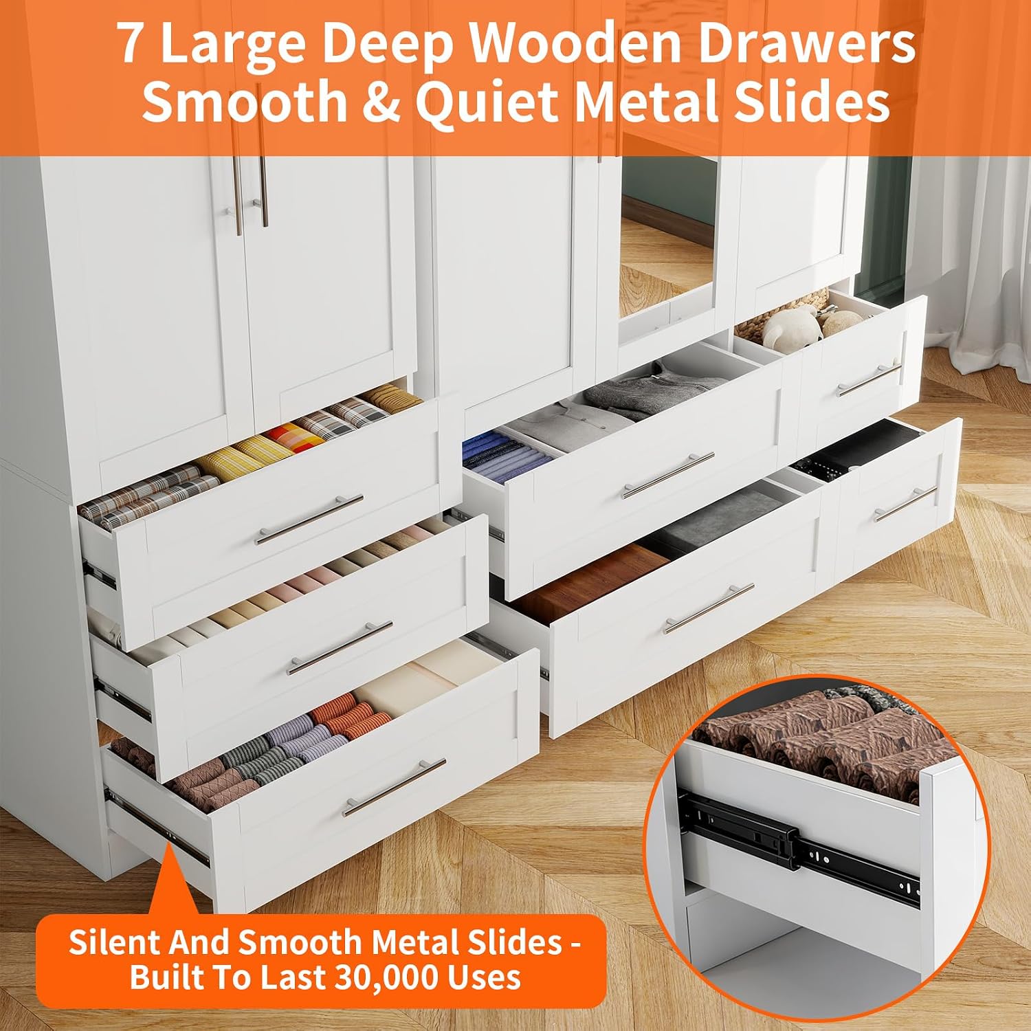 Armoire Wardrobe Closet with 7 Large Deep Drawers and Mirror, 71" Tall Bedroom Armoires with 5 Doors, White Wood Wardrobe Cabinet with 3 Adjustable Shelves, Bedroom Storage Wardrobe Closet