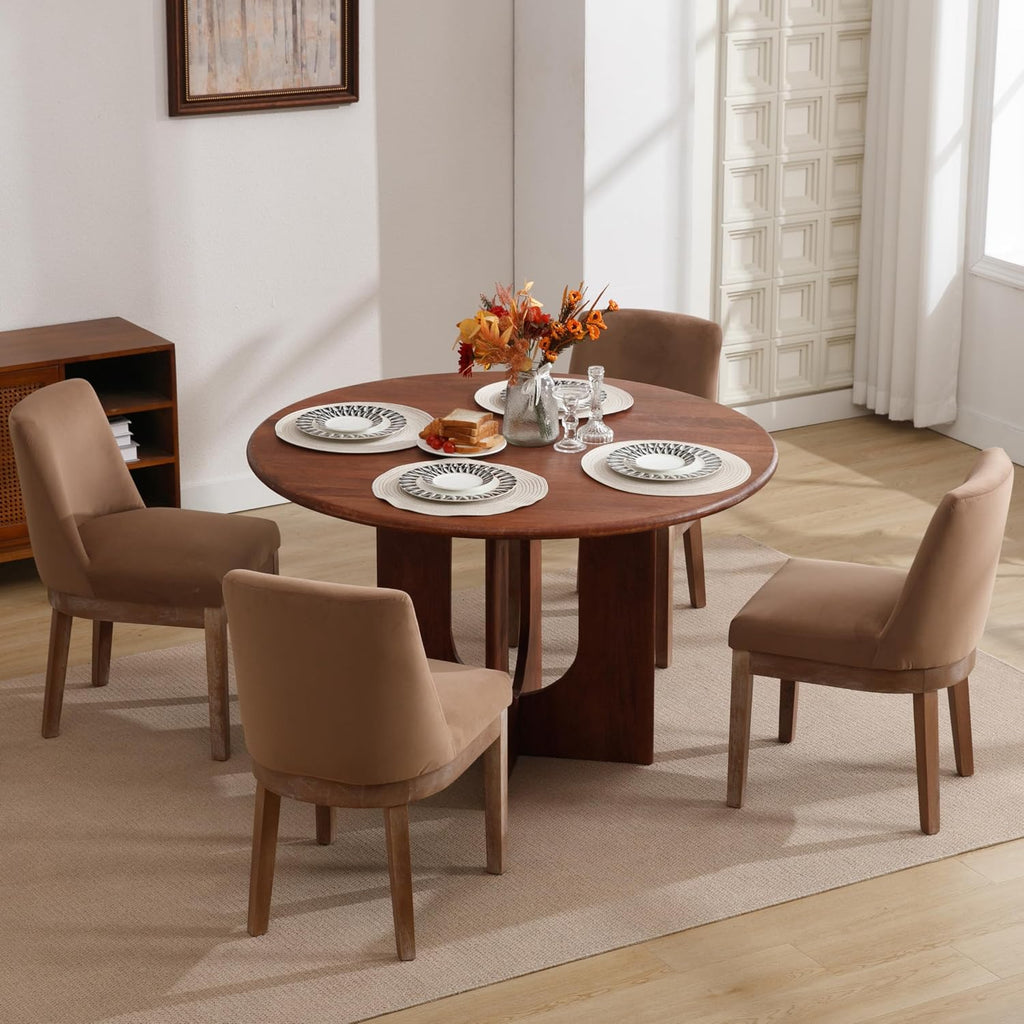 Modern Dining Chairs Set of 6 Comfortable Dining Room Chairs with Back, Velvet Fabric Upholstered Kitchen Side Chairs with Wood Legs for Living Room, Khaki