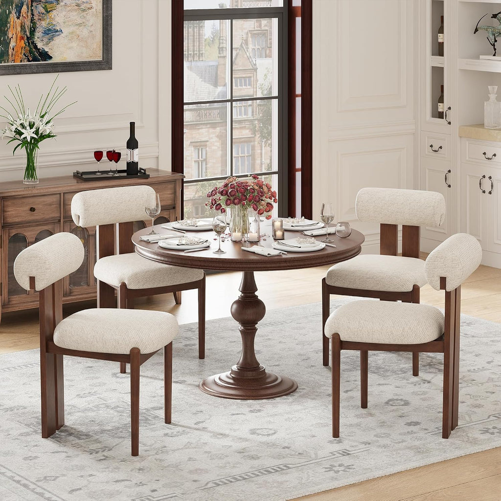 Modern Wooden Dining Chairs Set of 6, Upholstered Fabric Kitchen Chairs with Sculptural Backrest, Mid-Century Farmhouse Dining Room Chairs with Solid Wood Legs, Beige