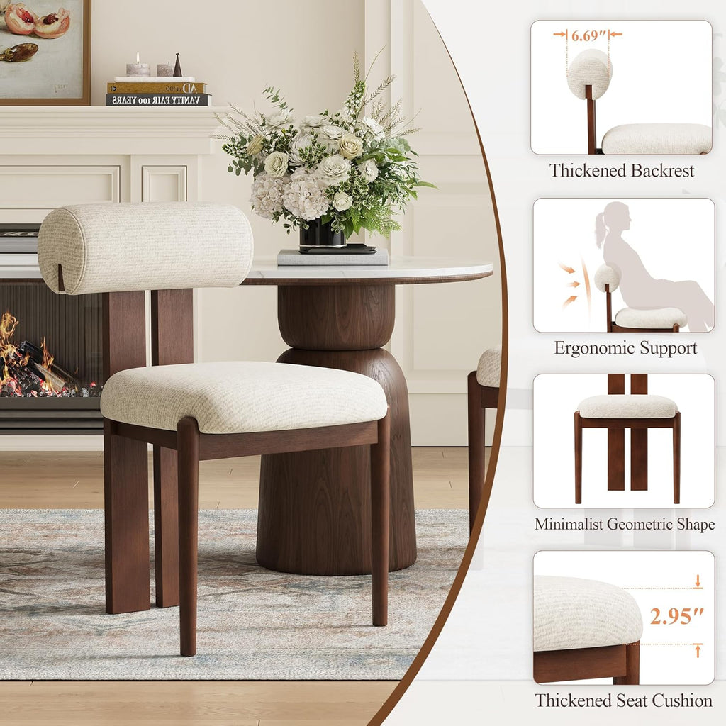 Modern Wooden Dining Chairs Set of 6, Upholstered Fabric Kitchen Chairs with Sculptural Backrest, Mid-Century Farmhouse Dining Room Chairs with Solid Wood Legs, Beige