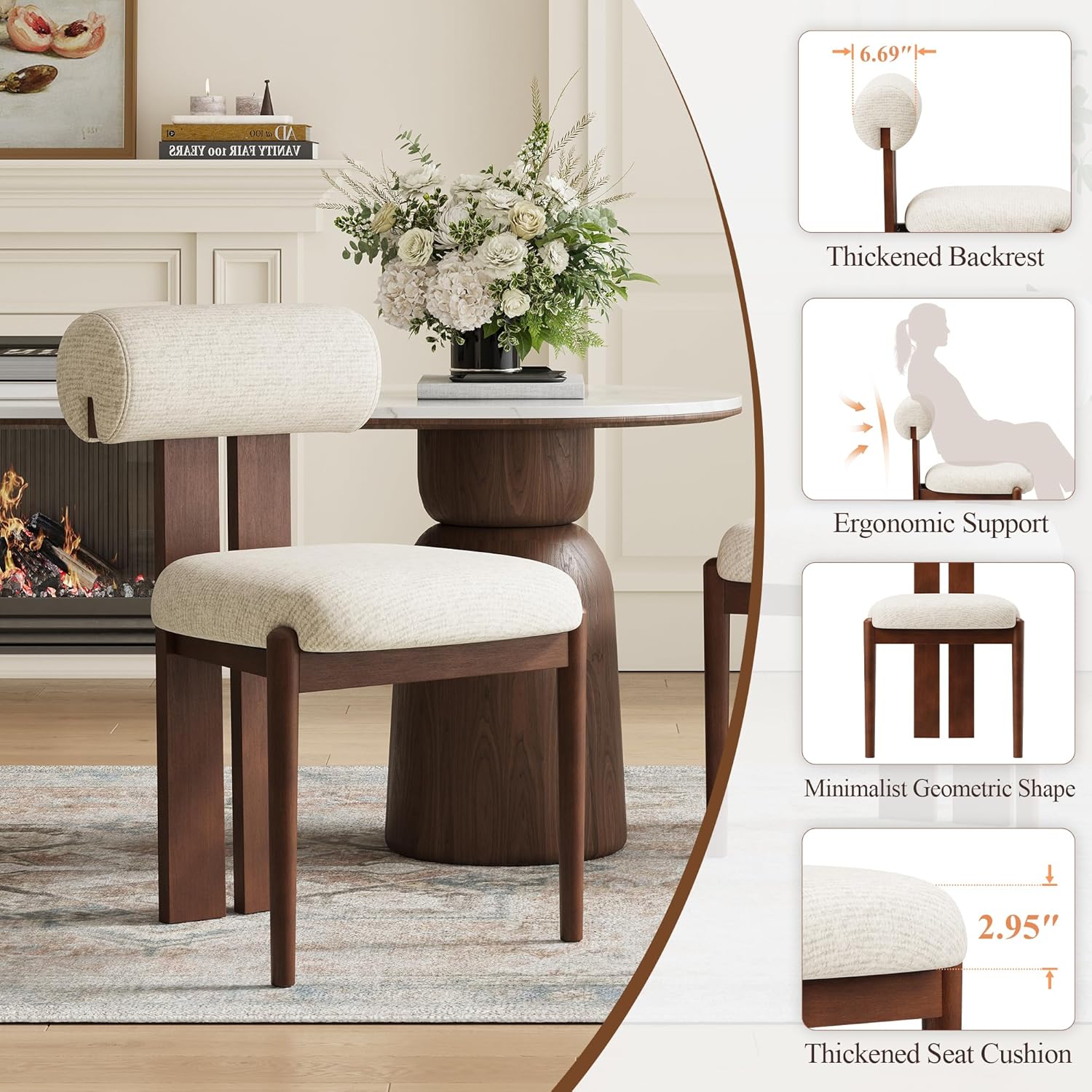 Modern Wooden Dining Chairs Set of 6, Upholstered Fabric Kitchen Chairs with Sculptural Backrest, Mid-Century Farmhouse Dining Room Chairs with Solid Wood Legs, Beige