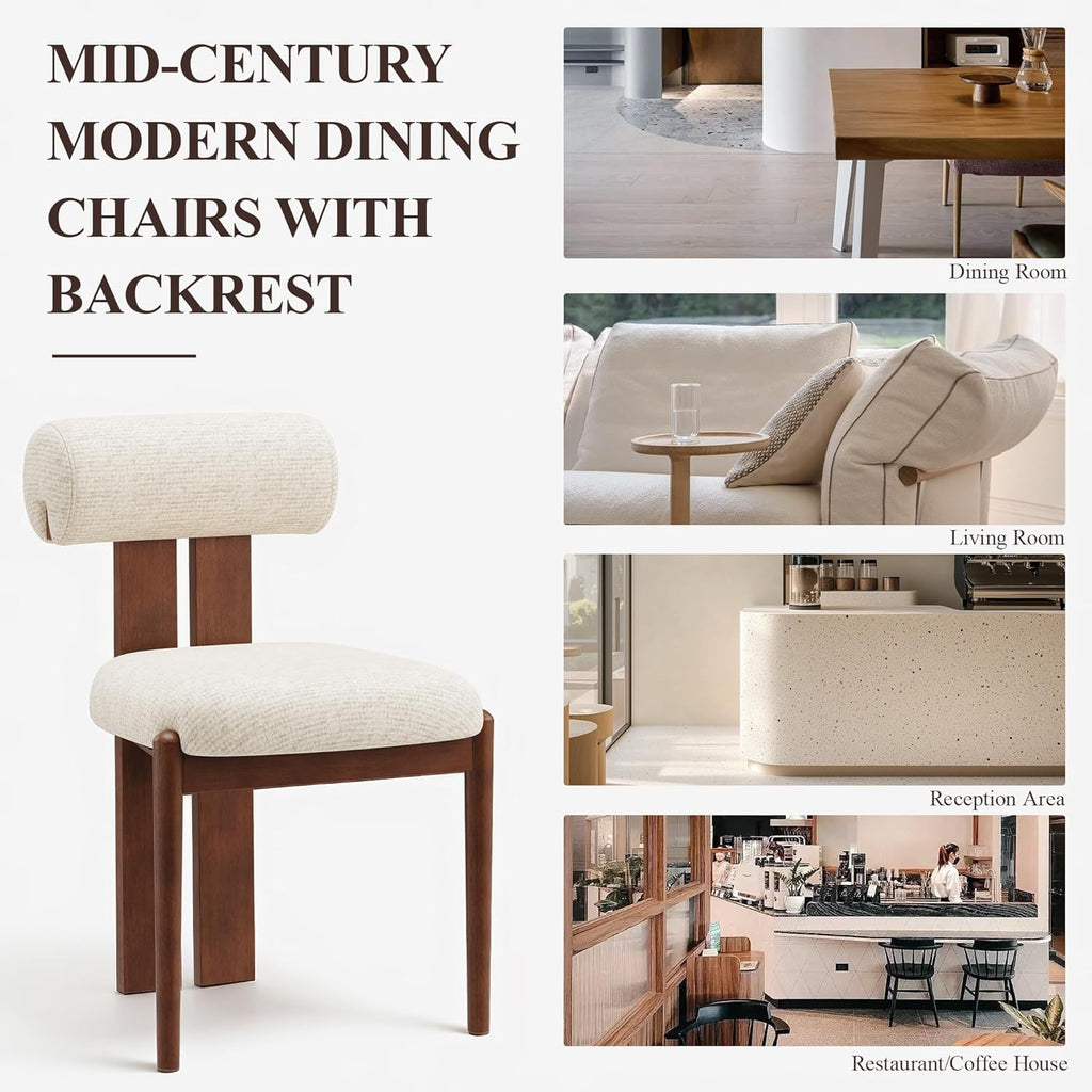 Modern Wooden Dining Chairs Set of 6, Upholstered Fabric Kitchen Chairs with Sculptural Backrest, Mid-Century Farmhouse Dining Room Chairs with Solid Wood Legs, Beige