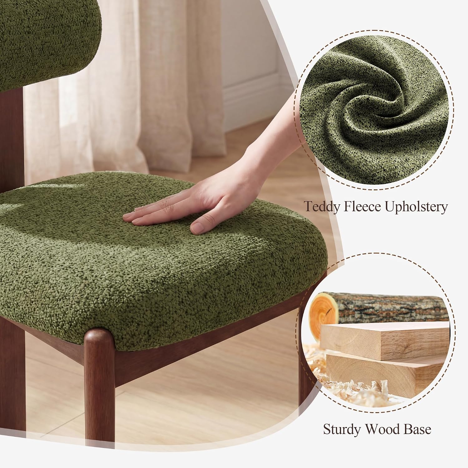 Modern Wooden Dining Chairs Set of 6, Upholstered Fabric Kitchen Chairs with Sculptural Backrest, Mid-Century Farmhouse Dining Room Chairs with Solid Wood Legs, Green