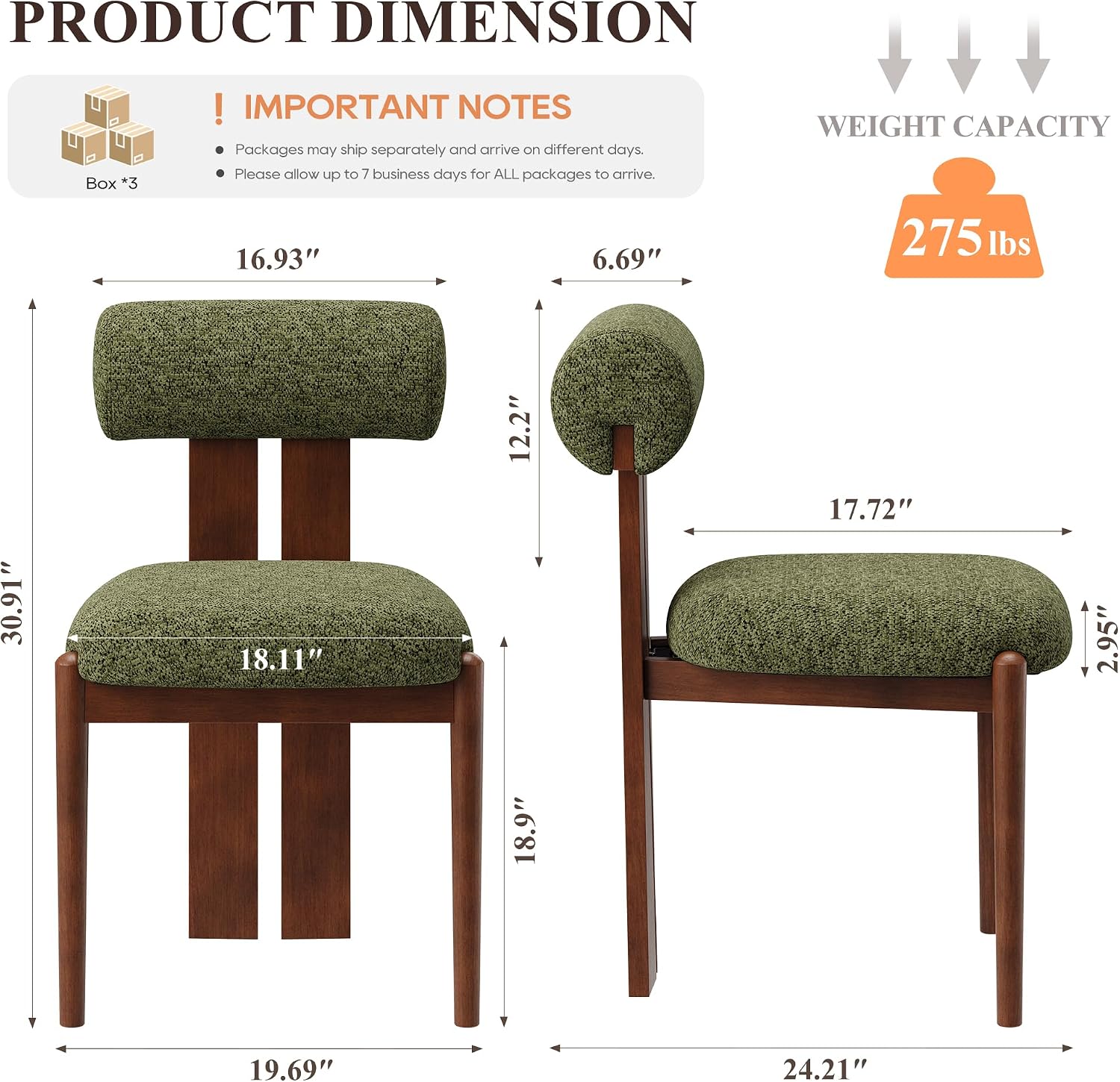 Modern Wooden Dining Chairs Set of 6, Upholstered Fabric Kitchen Chairs with Sculptural Backrest, Mid-Century Farmhouse Dining Room Chairs with Solid Wood Legs, Green