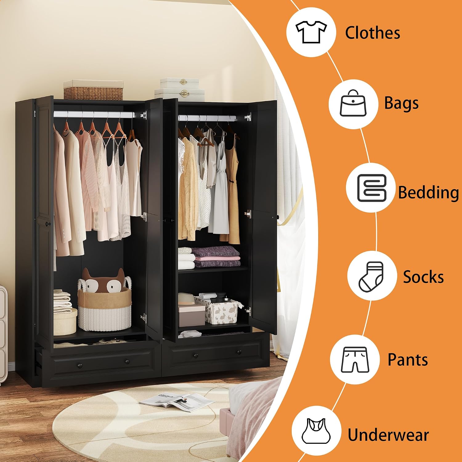 Armoire Wardrobe Closet with Drawers: 74" Black Wardrobe Closet with 4 Doors, Bedroom Armoires with 2 Drawers, Wood Closets Cabinet for Hanging Clothes (Black, 63")