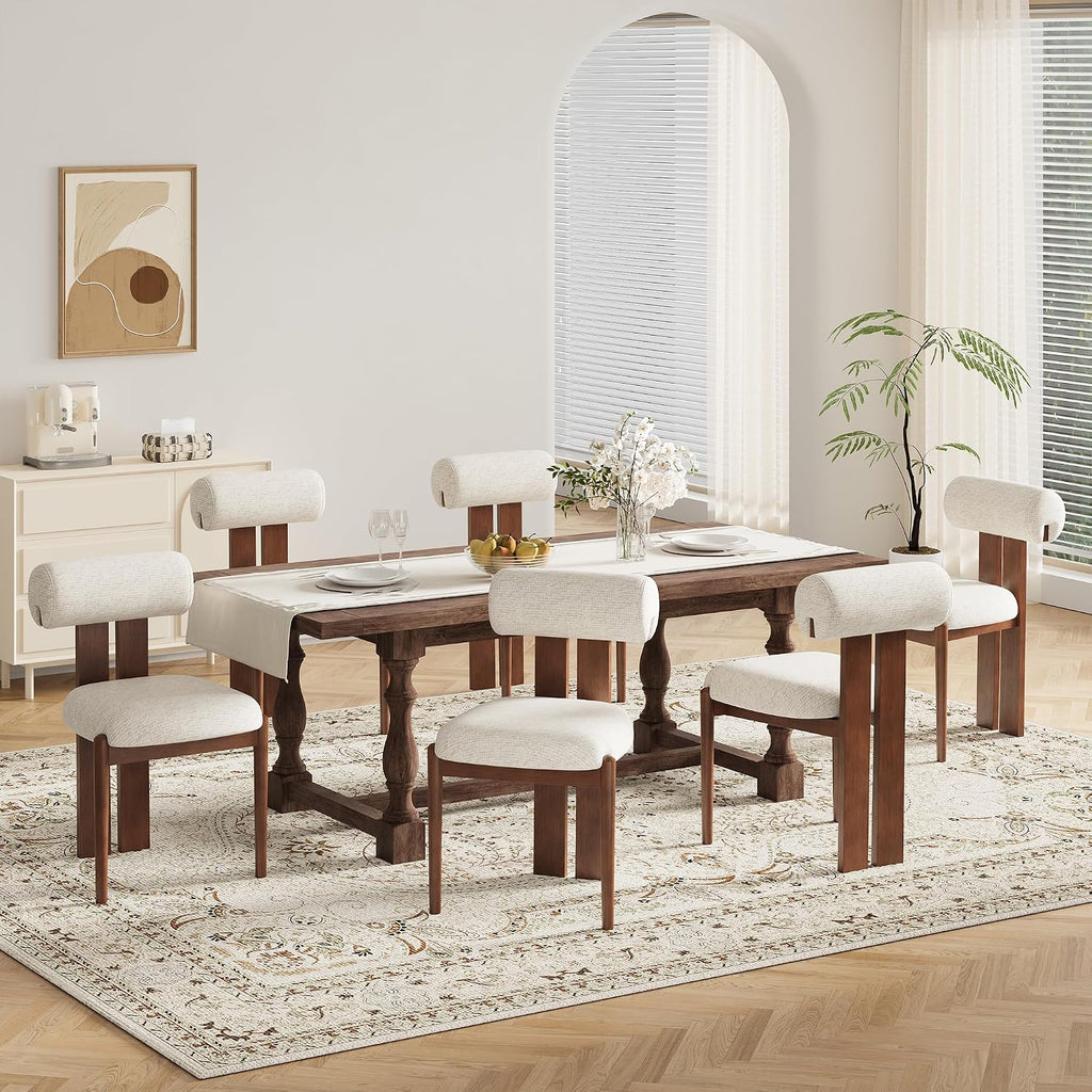 Modern Wooden Dining Chairs Set of 6, Upholstered Fabric Kitchen Chairs with Sculptural Backrest, Mid-Century Farmhouse Dining Room Chairs with Solid Wood Legs, Beige