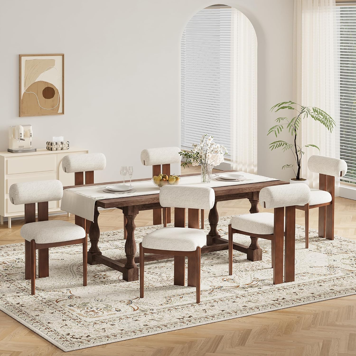 Modern Wooden Dining Chairs Set of 6, Upholstered Fabric Kitchen Chairs with Sculptural Backrest, Mid-Century Farmhouse Dining Room Chairs with Solid Wood Legs, Beige