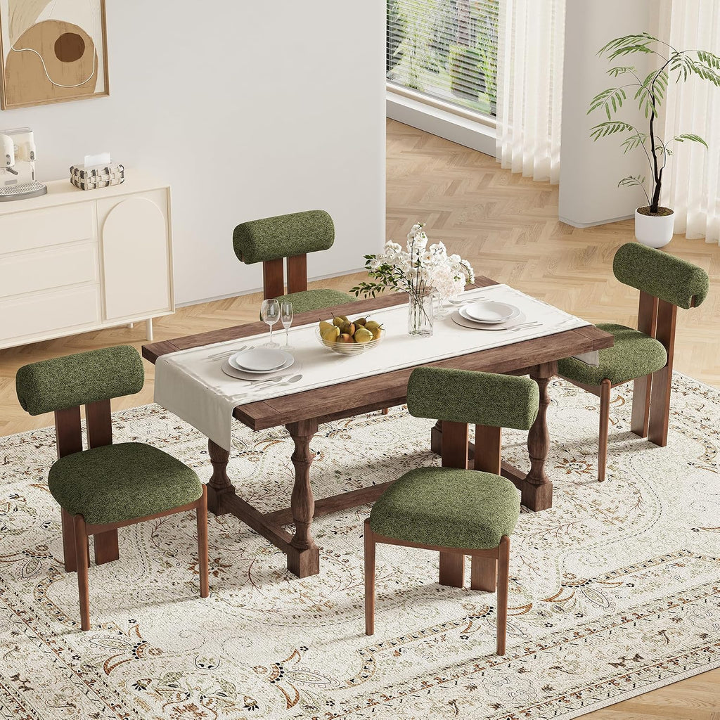 Modern Wooden Dining Chairs Set of 6, Upholstered Fabric Kitchen Chairs with Sculptural Backrest, Mid-Century Farmhouse Dining Room Chairs with Solid Wood Legs, Green