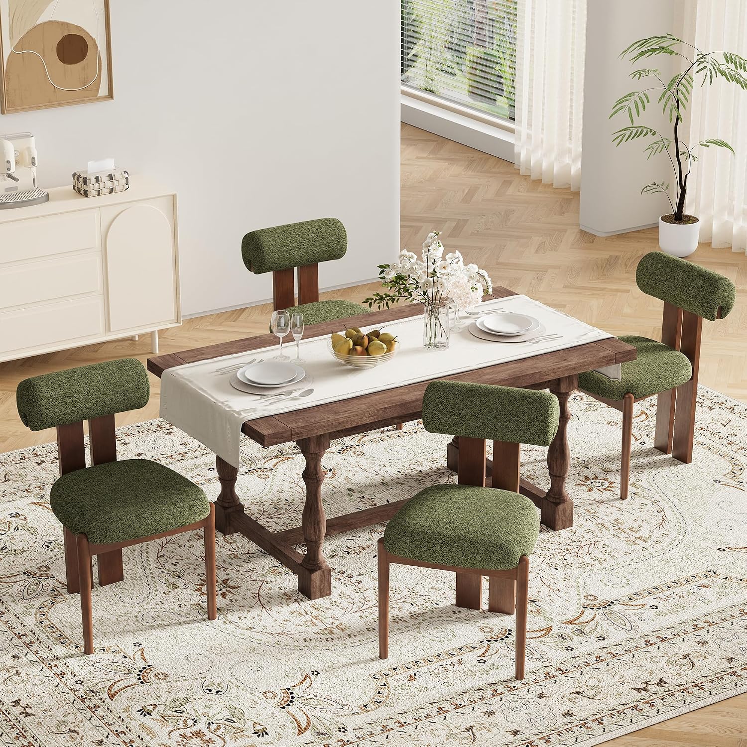 Modern Wooden Dining Chairs Set of 6, Upholstered Fabric Kitchen Chairs with Sculptural Backrest, Mid-Century Farmhouse Dining Room Chairs with Solid Wood Legs, Green