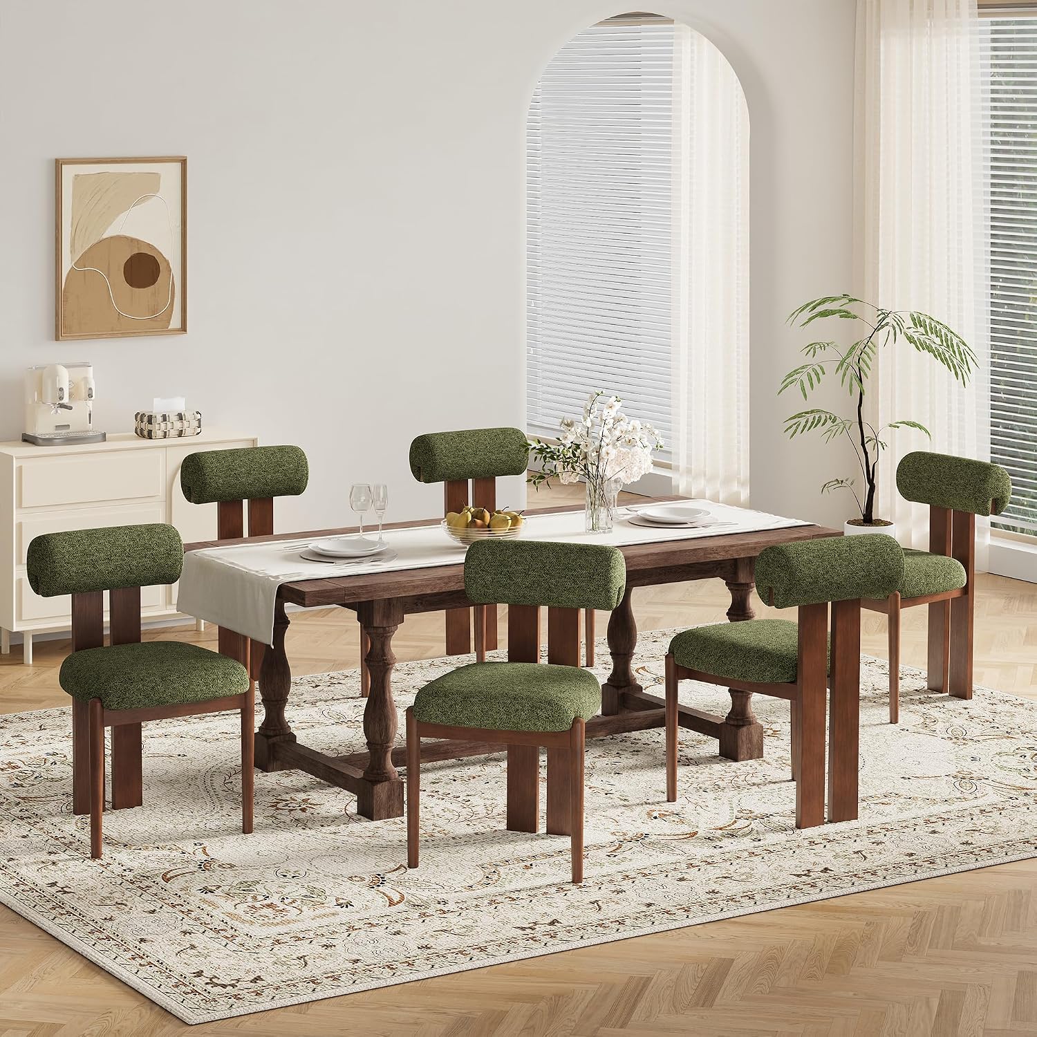 Modern Wooden Dining Chairs Set of 6, Upholstered Fabric Kitchen Chairs with Sculptural Backrest, Mid-Century Farmhouse Dining Room Chairs with Solid Wood Legs, Green